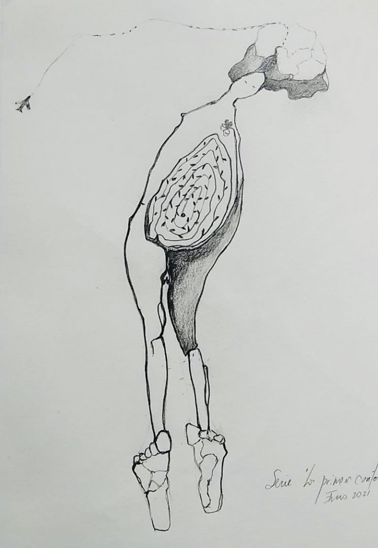Ilustración a lápiz figura de un cuerpo cilíndrico, piernas largas, vientre descubierto.